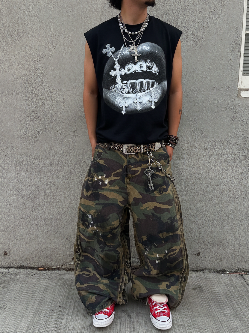 NOISSEY Cross Vintage Grills Black Print Tank Top