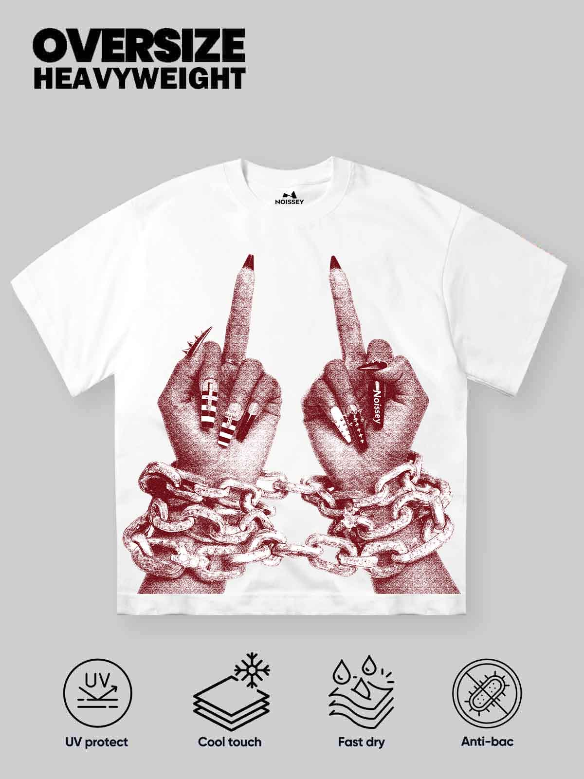 NOISSEY "Chained Rebellion" Tee - Clean White 255G Heavyweight Little Oversized Retro Red Chained Hands Graphic T-Shirt
