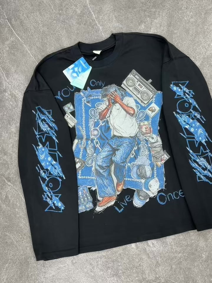 NOISSEY YOLO Blue Paisley Vintage Rap Sketch Graphic Long Sleeve - White / Black Boxy Streetwear Shirt