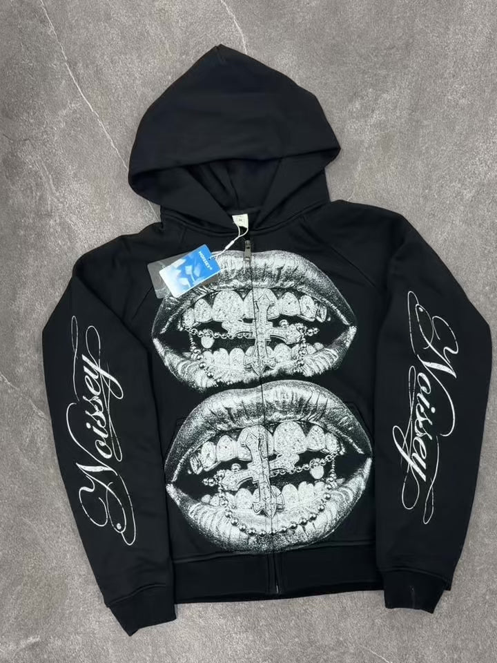 NOISSEY Silver Metallic Lips & Chrome Cross Graphic Boxy Hoodie – Black