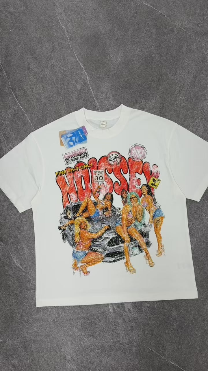 NOISSEY Crayon Graffiti Sports Car Girls Oversized Graphic Tee - White Y2K Streetwear Shirt