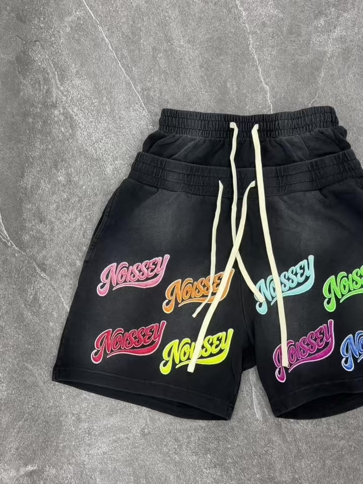 NOISSEY Washed Black Multi-Color Script LOGO Printed Oversized Sweat Shorts