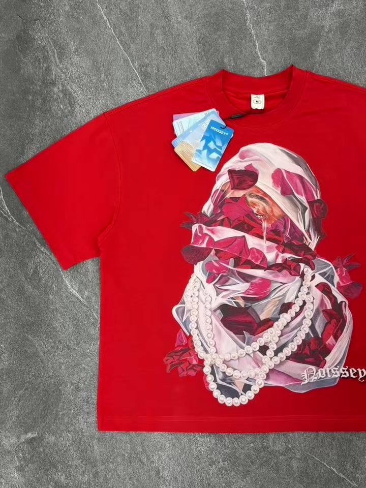 NOISSEY Veiled Rose & Pearl Portrait Red Boxy T-Shirt - Vibrant Red