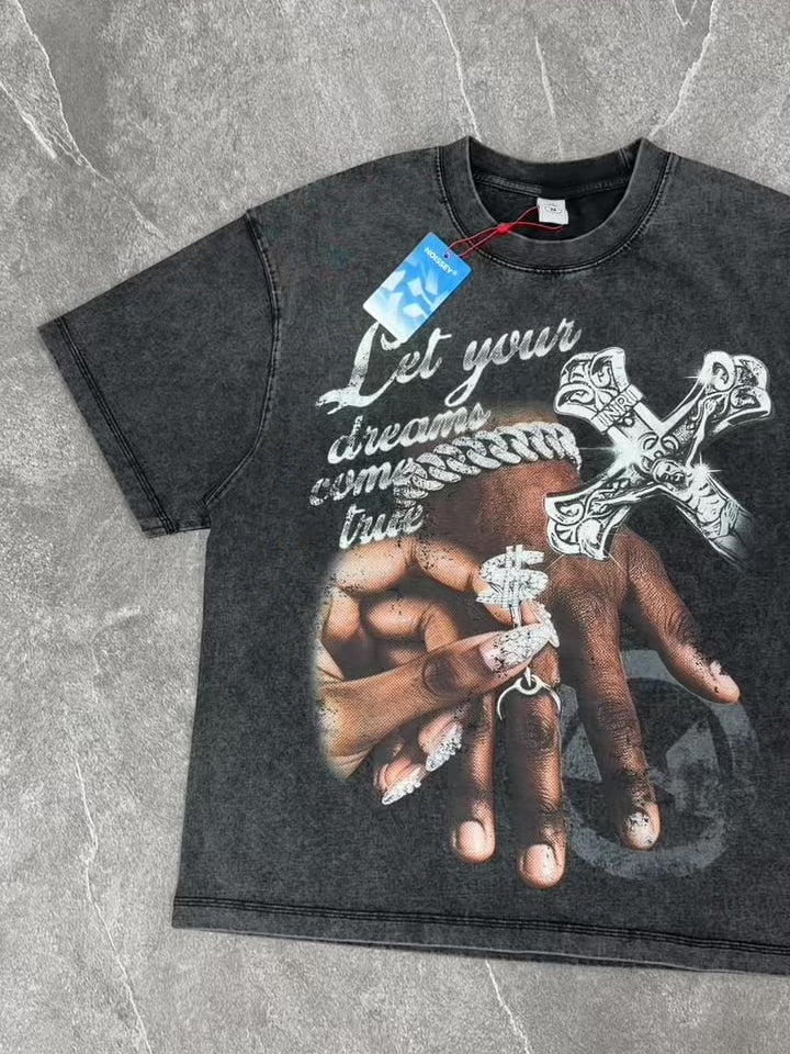 NOISSEY "True Dreams" Shimmering Crucifix & Dollar Ring Vintage Washed Tee
