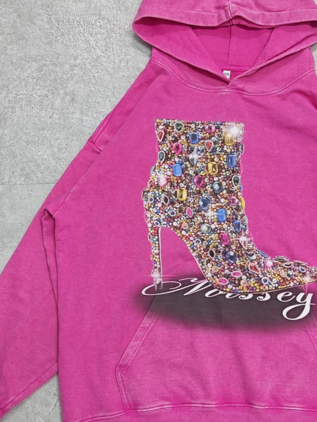 Gorgeous colorful diamond boots pink washed printed 350g hoodie