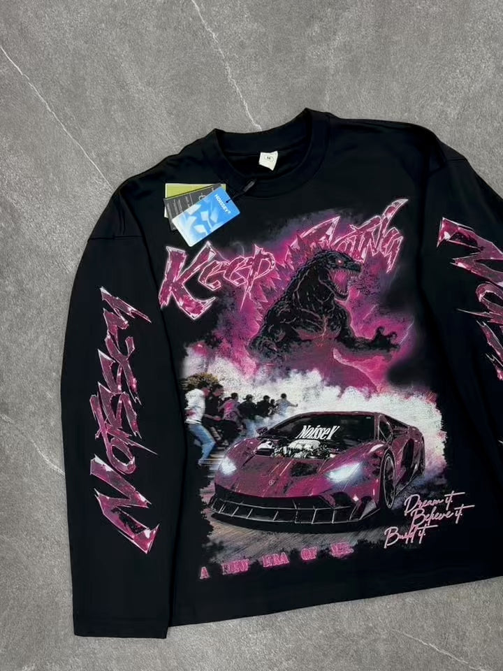 NOISSEY "Keep Going" Pink Diamond Godzilla & Supercar Black Long Sleeve Tee
