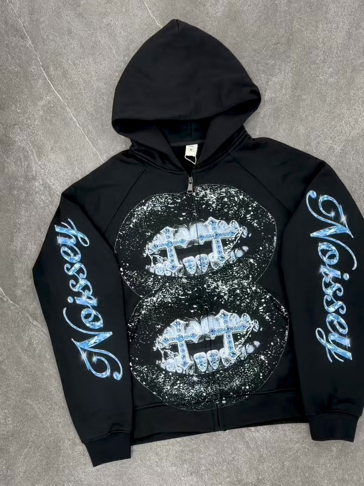 NOISSEY "Double Blue Diamond Cross" Full-Zip Hoodie - Black