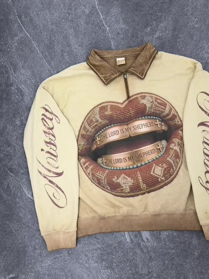 NOISSEY "The Lord Is My Shepherd" Woven Lips & Scripture Grillz Khaki Half-Zip Long Sleeve Polo
