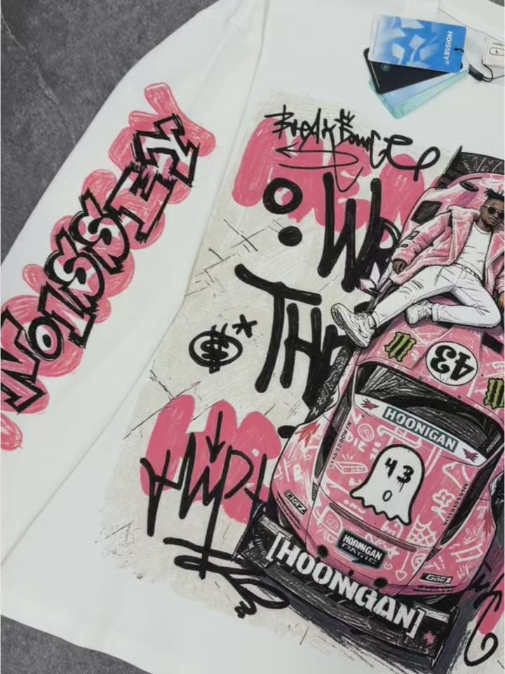 NOISSEY "Pink Hoonigan Graffiti" Coupe Tee - Clean White Oversized Long Sleeve