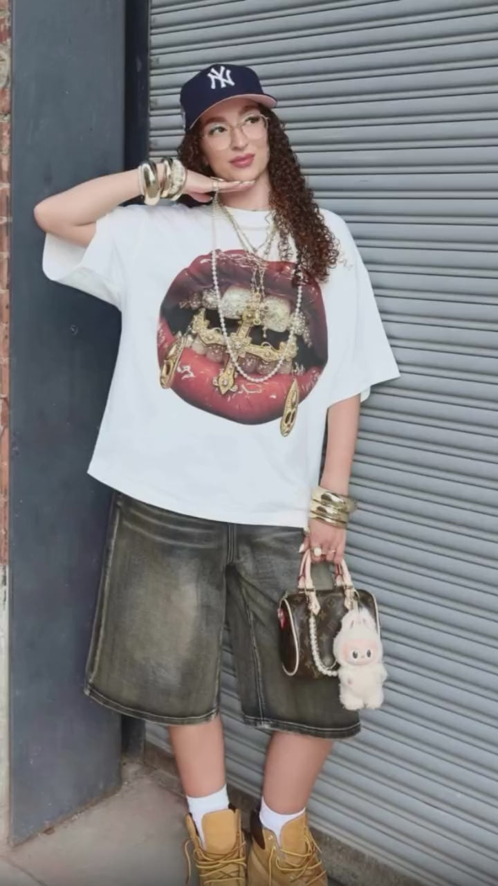 Heavyweight White T-Shirt with Surrealist Gold Cross & Mask Lip Graphic Streetwear