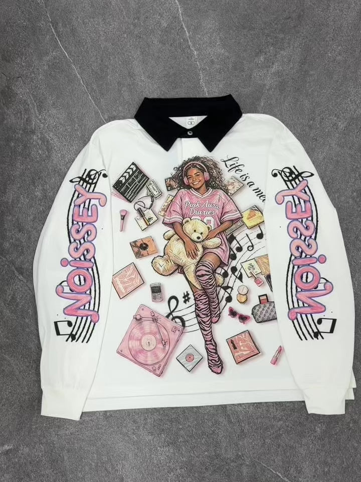 NOISSEY Teddy Bear Girl &amp; Vinyl Record Graphic Polo Sweatshirt - White Streetwear Shirt