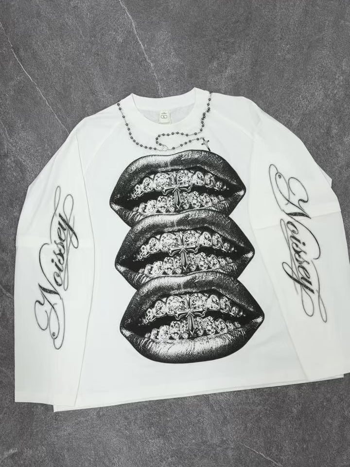 NOISSEY Monochrome Triple Iced-Out Cross Lips Faux Layer Long Sleeves - White Streetwear