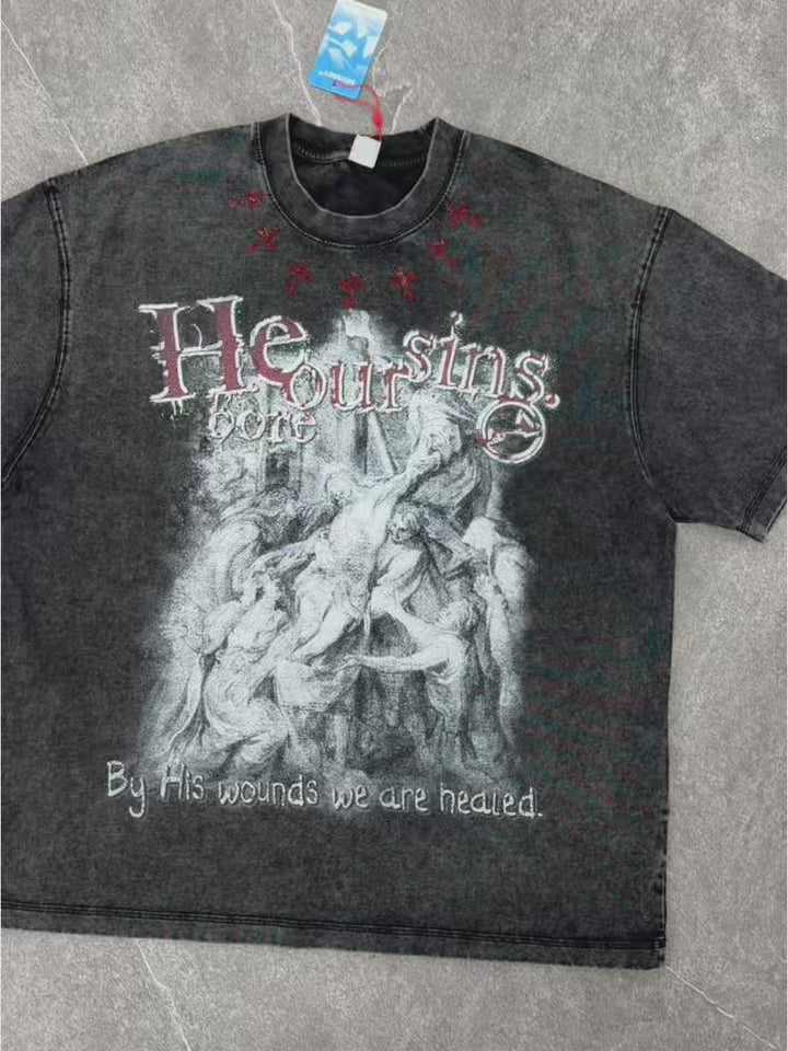 NOISSEY "He Bore Our Sins" Graphic Tee - Vintage Acid Wash Black