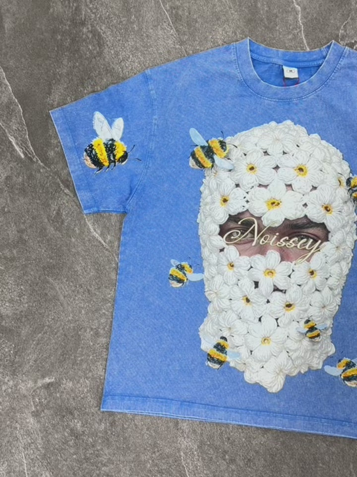 NOISSEY "Stardust Daisy" Mask Graphic Tee - Premium Mineral Wash Blue