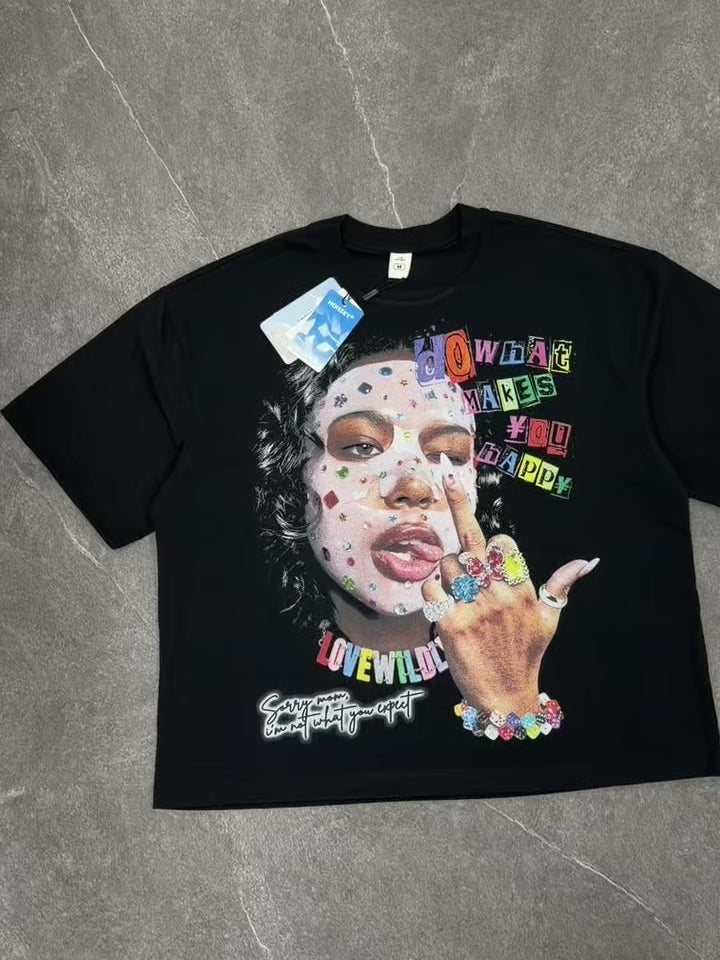 NOISSEY Rhinestone Face Mask & Street Hand Gesture Magazine Collage Graphic Cropped Tee (Pitch Black)