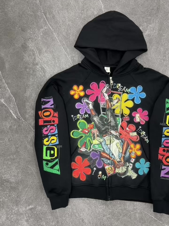 NOISSEY Colorful Graffiti Flower & Dreamer Portrait Full-Zip Hoodie - Classic Black / Pure White