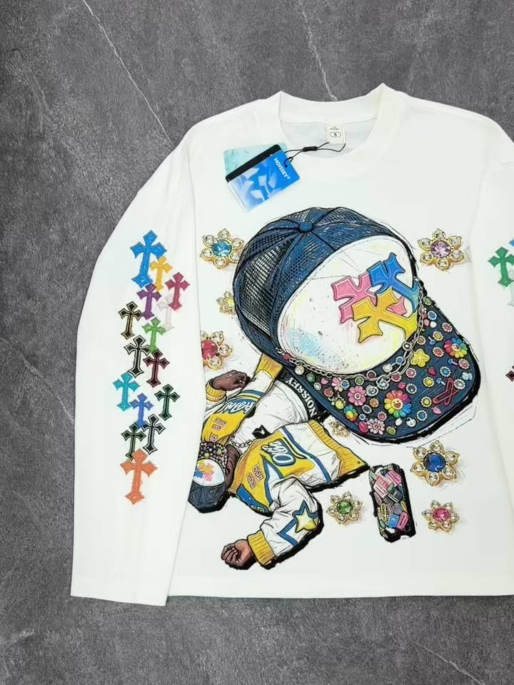 NOISSEY Hip-Hop Trucker Hat &amp; Gem Cross Graphic Long Sleeve Sweatshirt - Two Colors