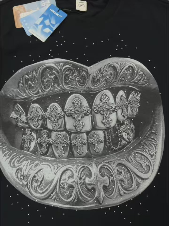 NOISSEY "Diamond Cross Grillz" Silver Cross Graphic Art Heavyweight T-Shirt