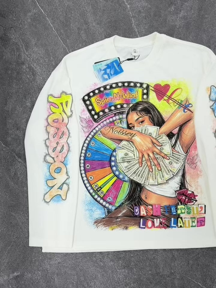 NOISSEY Langarm-Sweatshirt mit Glücksrad und Frauenporträt mit Dollar-Motiv – zwei Farben