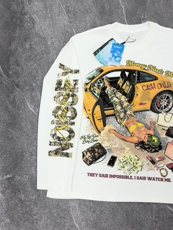 NOISSEY "Money Needs Me" Boxy Heavyweight Camo Art Long Sleeve - Cloud White