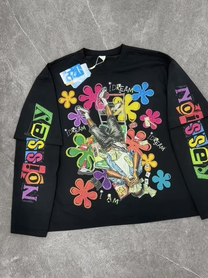 NOISSEY IDREAM Portrait & Floral Graffiti Heavyweight Fake Two-Piece Long Sleeve Tee - Black Streetwear  Long Sleeves