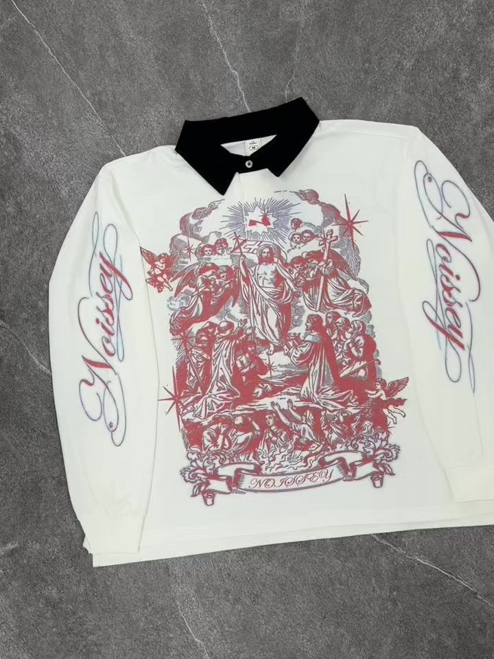 NOISSEY Ascension of Jesus Graphic Contrast Collar Polo Long Sleeves
