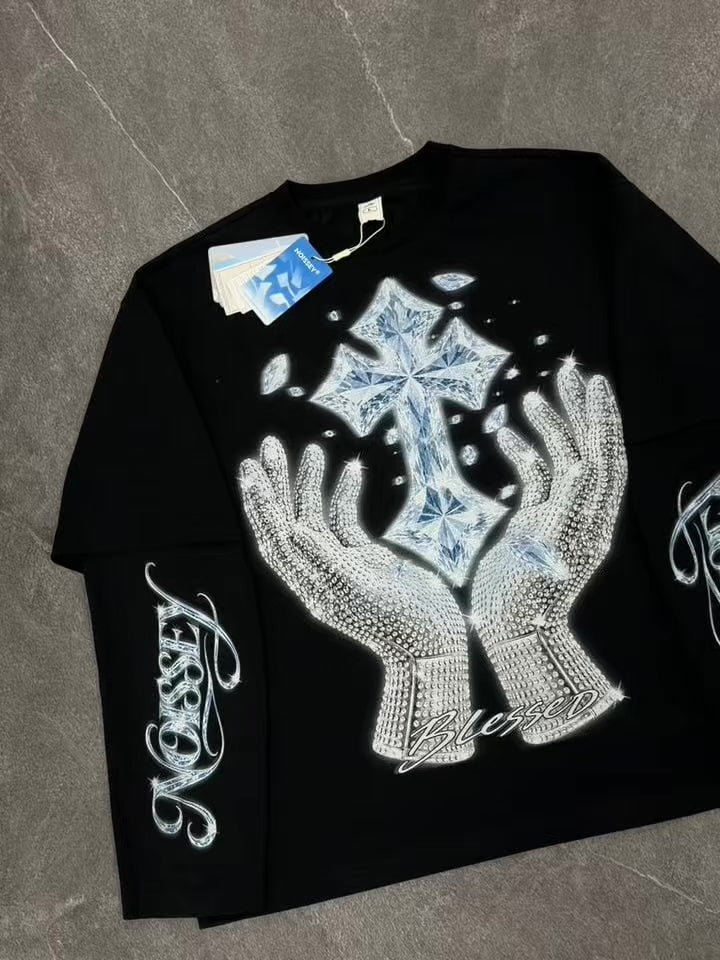 NOISSEY "Blessed Cross" Rhinestone Glove & Blue Crystal Cross Black Fake Two-Piece Long-Sleeve Tee