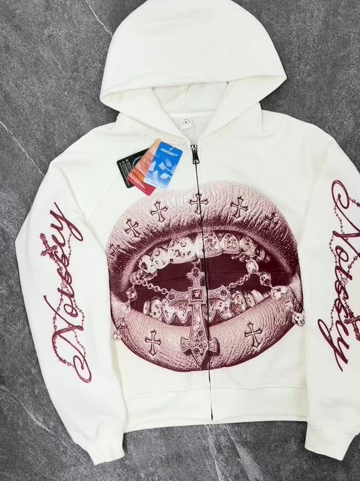 NOISSEY "Red Print Cross Grills" Full-Zip Hoodie - White