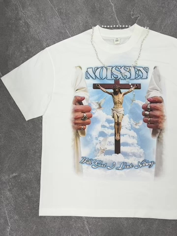 T-shirt NOISSEY con grafica religiosa “Dio è sempre con te” - Bianco sporco
