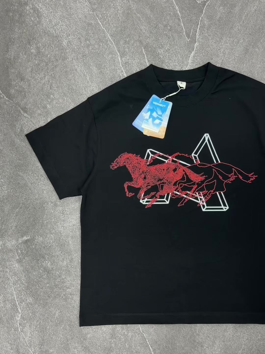 NOISSEY "Chrono Geometry" Overlapping Crimson Outlined Horse Geometric Oversized Tee