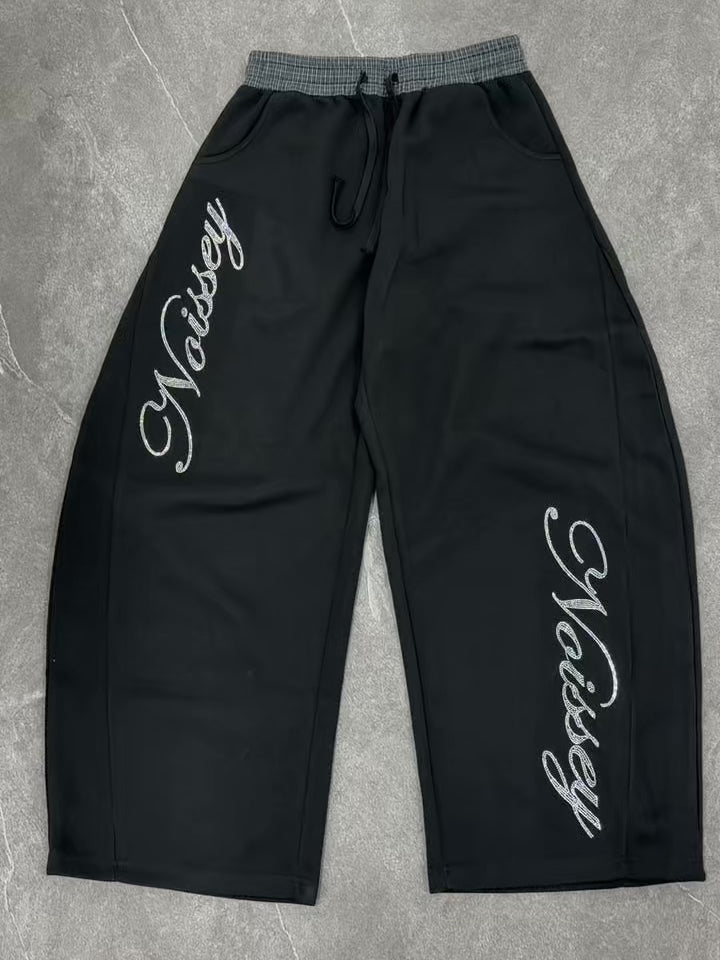 NOISSEY Plaid Waistband Layered Wide-Leg Sweatpants - Black Streetwear Track Pants