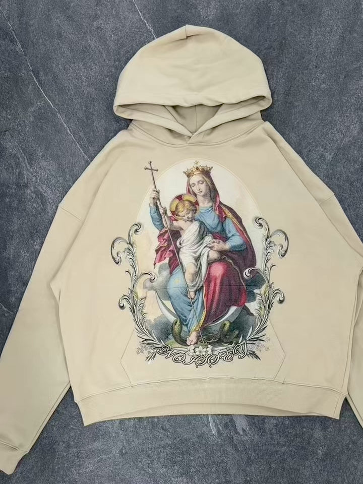 NOISSEY Vintage Oil Painting Virgin & Child Graphic Cropped Hoodie - Beige Streetwear Pullover
