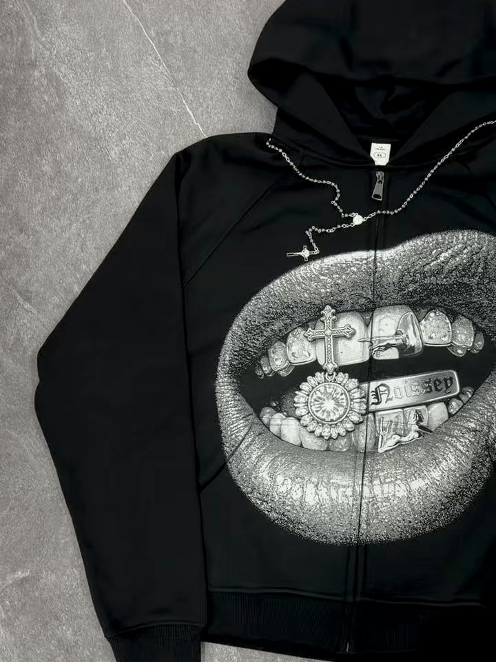NOISSEY "Gothic Grill Lips" Zip-Up Hoodie - Black