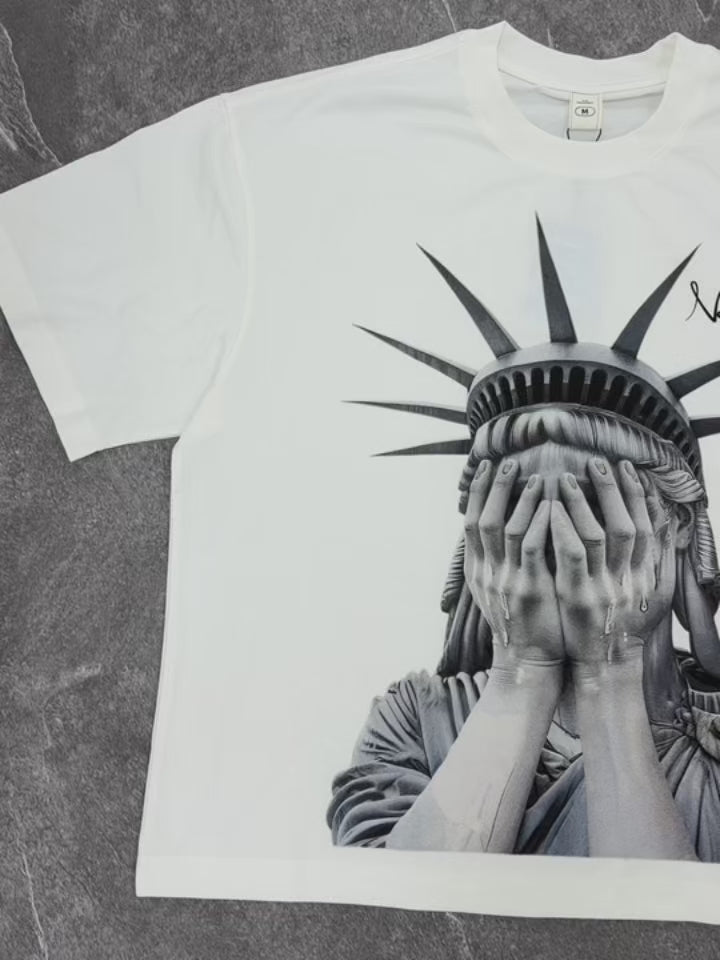 NOISSEY "Weeping Liberty" Tee - Clean White 255G Heavyweight Boxy Oversized Crying Goddess Graphic T-Shirt
