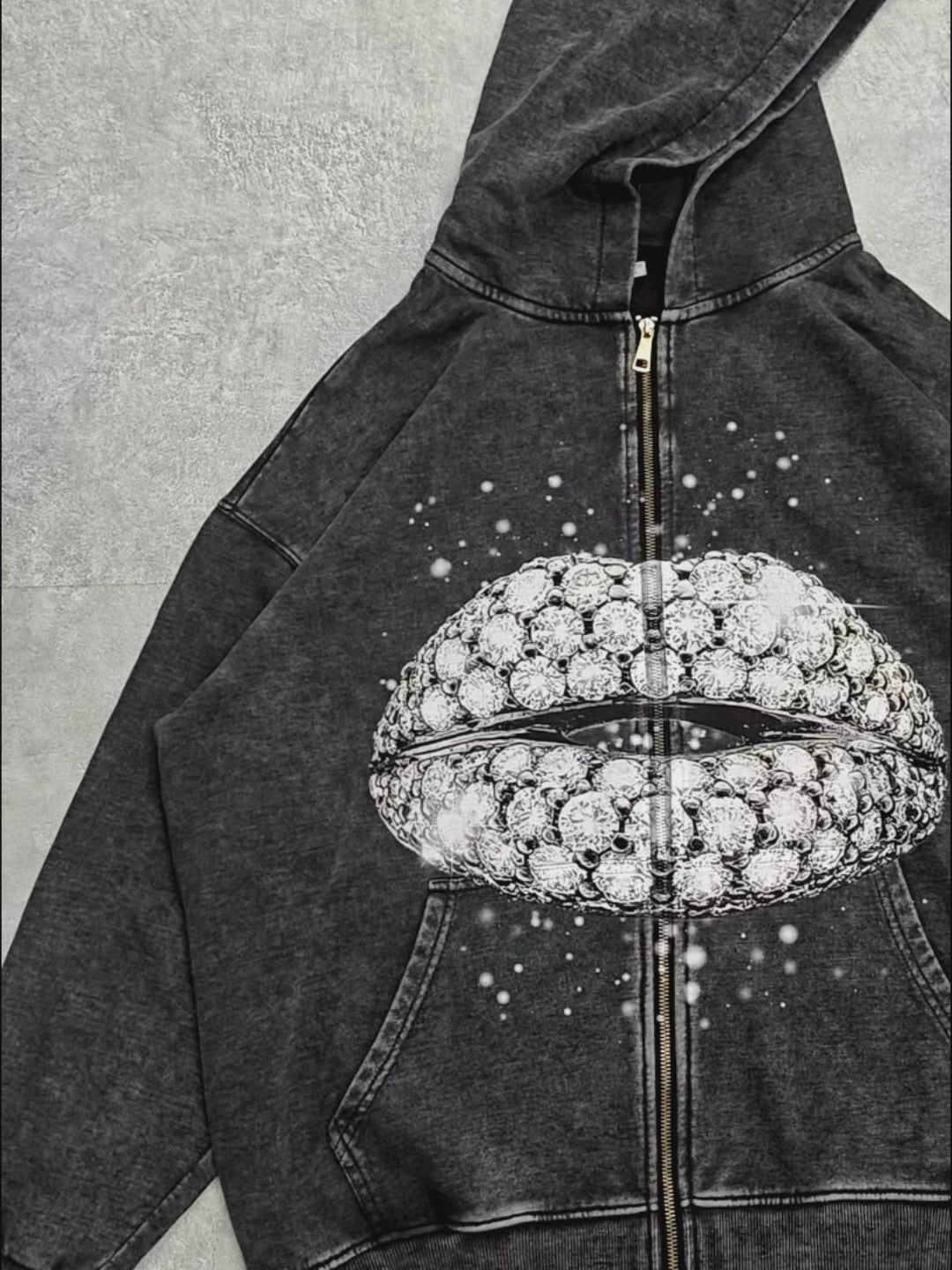 Brilliant Diamond Lips 350g Black Washed Printed Zip Hoodie