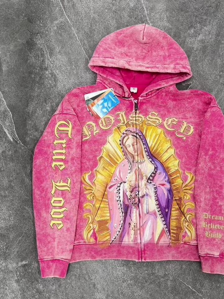 NOISSEY Stone Washed Peach Pink Virgin of Guadalupe Printed Boxy Zip-Up Hoodie