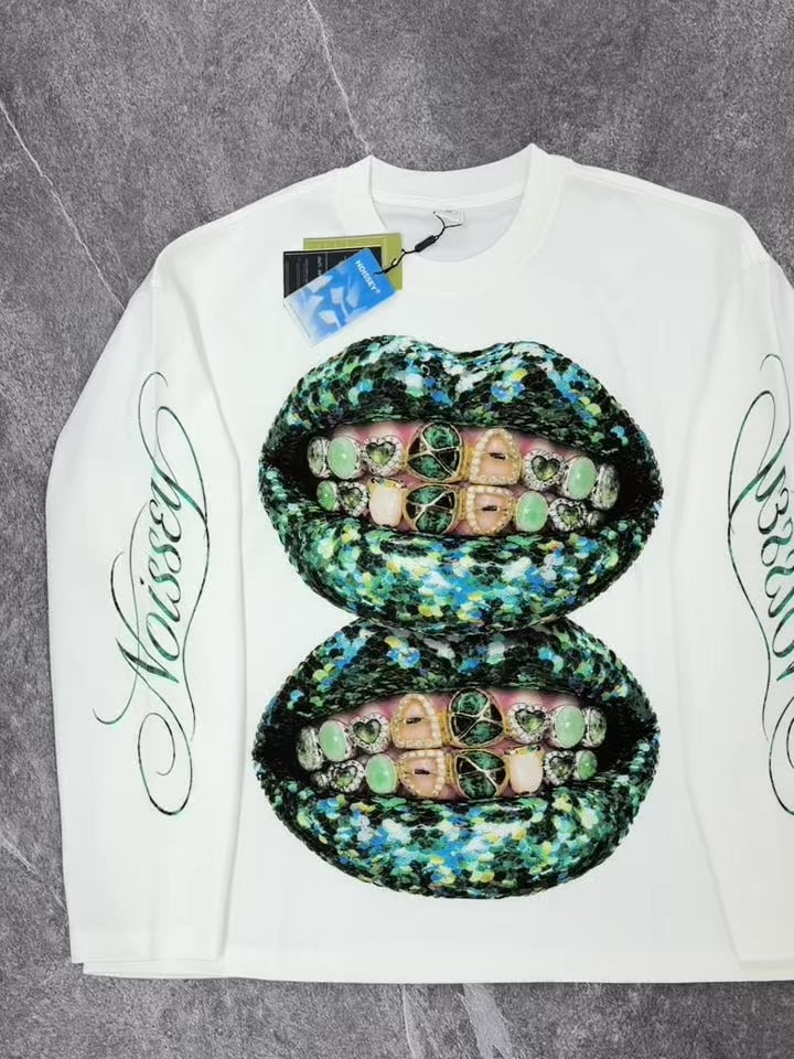 NOISSEY Double Green Glitter Lips Marble Grillz White Long Sleeve Shirt