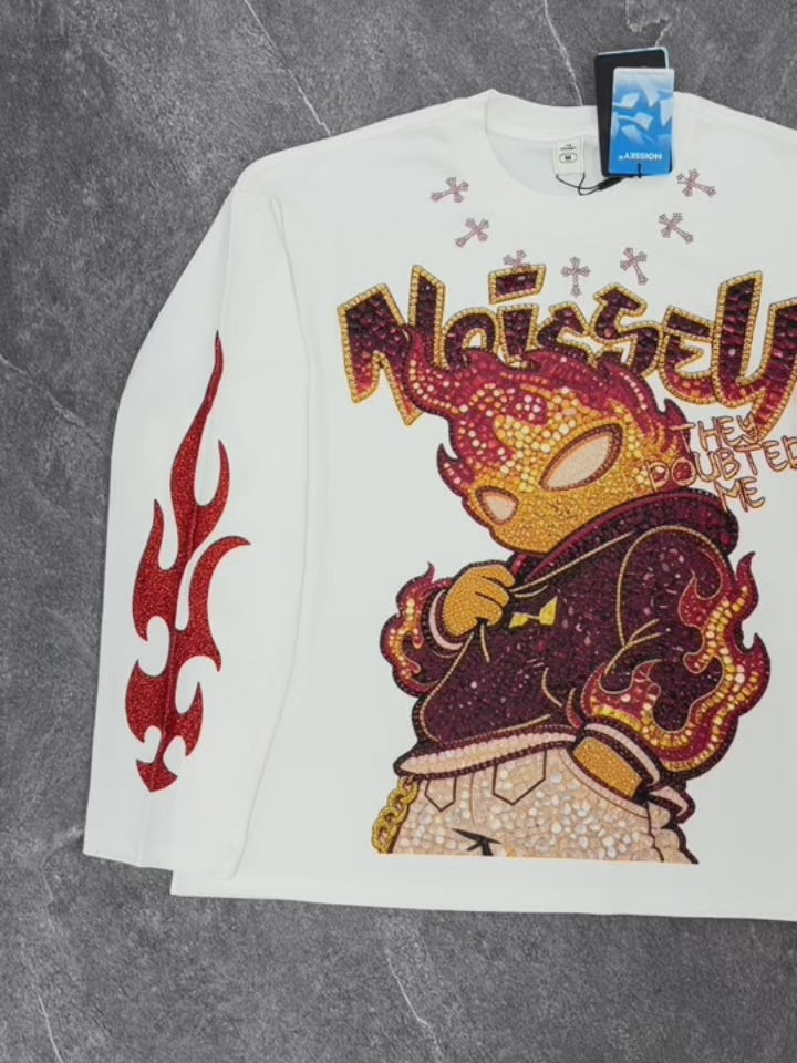 NOISSEY "They Doubted Me" Iced-Out Character Graphic Long Sleeve - Studio White