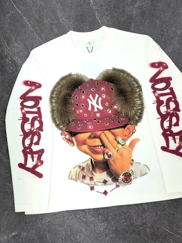 NOISSEY Camisa de streetwear de manga larga con gráfico de figura de gorra roja cubierta de diamantes