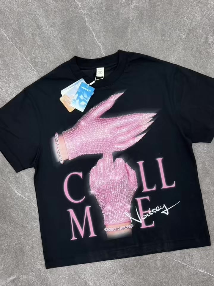 NOISSEY Pink Diamond Gloves "CALL ME" Graphic T-Shirt - Pitch Black