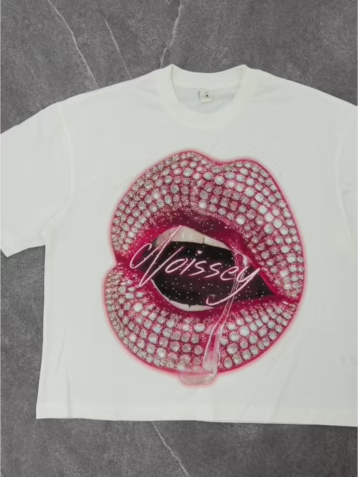 NOISSEY "Pink Paved Lips" Rhinestone Boxy DIY Tee - Premium White