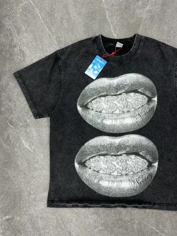 NOISSEY Double Silver Lips & Dollar Grillz Washed Vintage Oversized T-Shirt - Washed Black