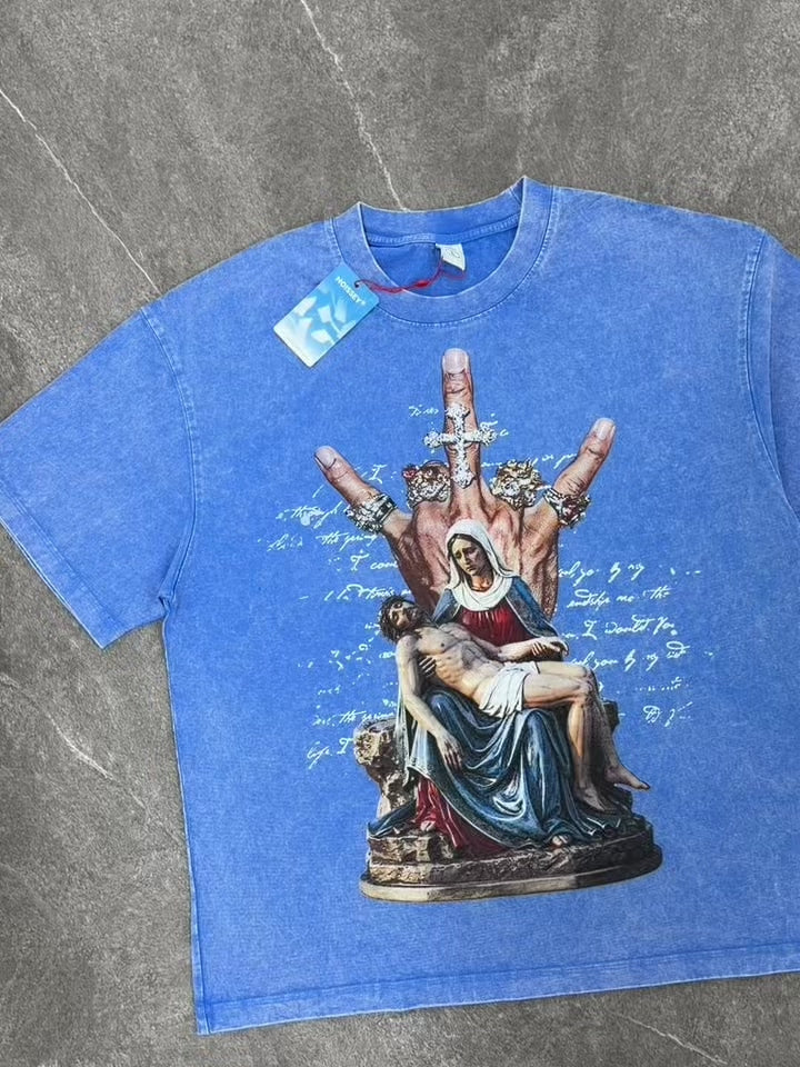 NOISSEY Pieta Diamond Rings Rebellious Hand Vintage Blue Washed Short Sleeve T-Shirt