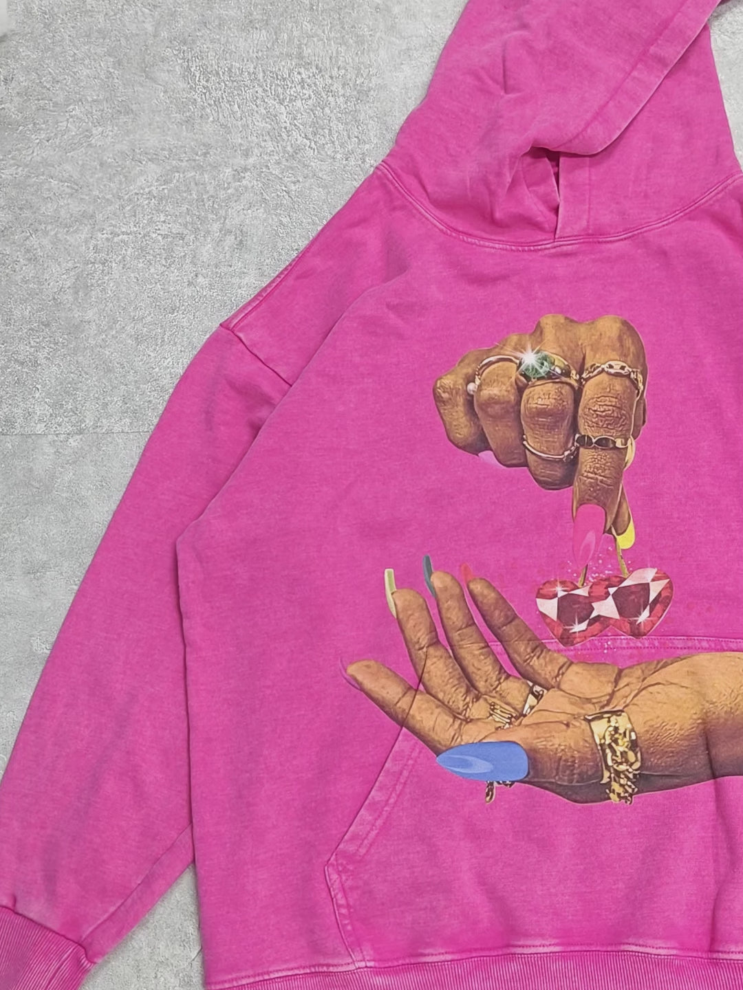 Nail Pink Cherry Diamond Print 350g Pink Water-Washed Hoodie