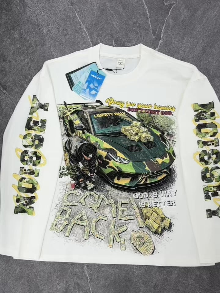 NOISSEY "Camo Supercar & Cash" Track Tee - Clean White Oversized Long Sleeve