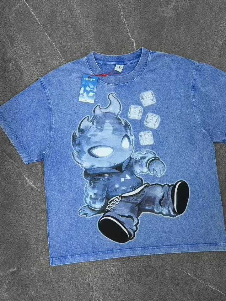 NOISSEY Blue Flame Flameboy IP & WASD Ice Cube Keys Graphic Acid-Washed Blue T-Shirt