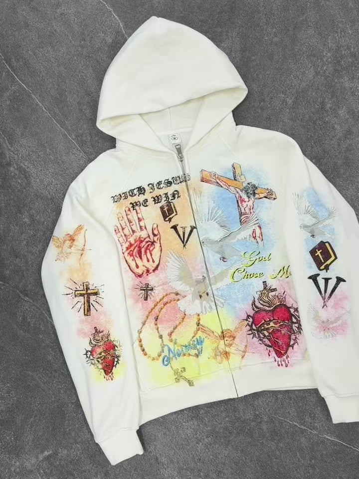 NOISSEY Sacred Heart & Dove Vintage Collage Full-Zip Hoodie - Pure White