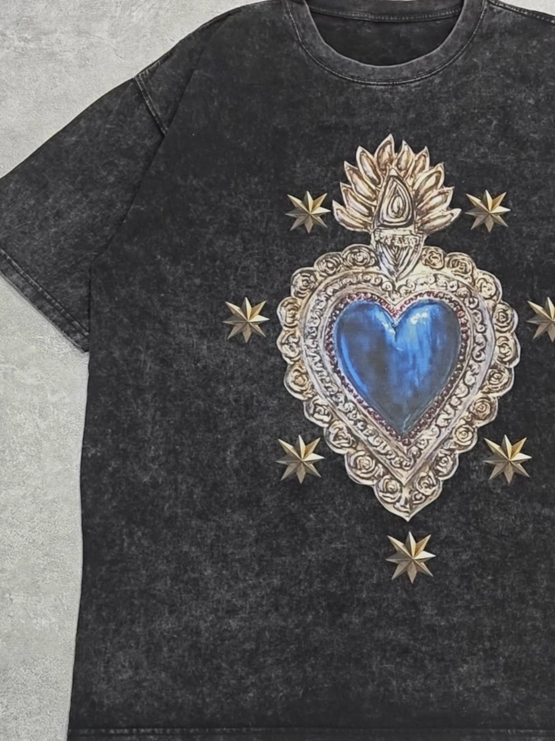 Blue Sacred Tin Heart Black Print T-Shirt