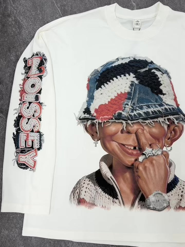 NOISSEY "Bad Boy" Crochet Bucket Hat Printed Graphic Boxy Sweatshirt -  White