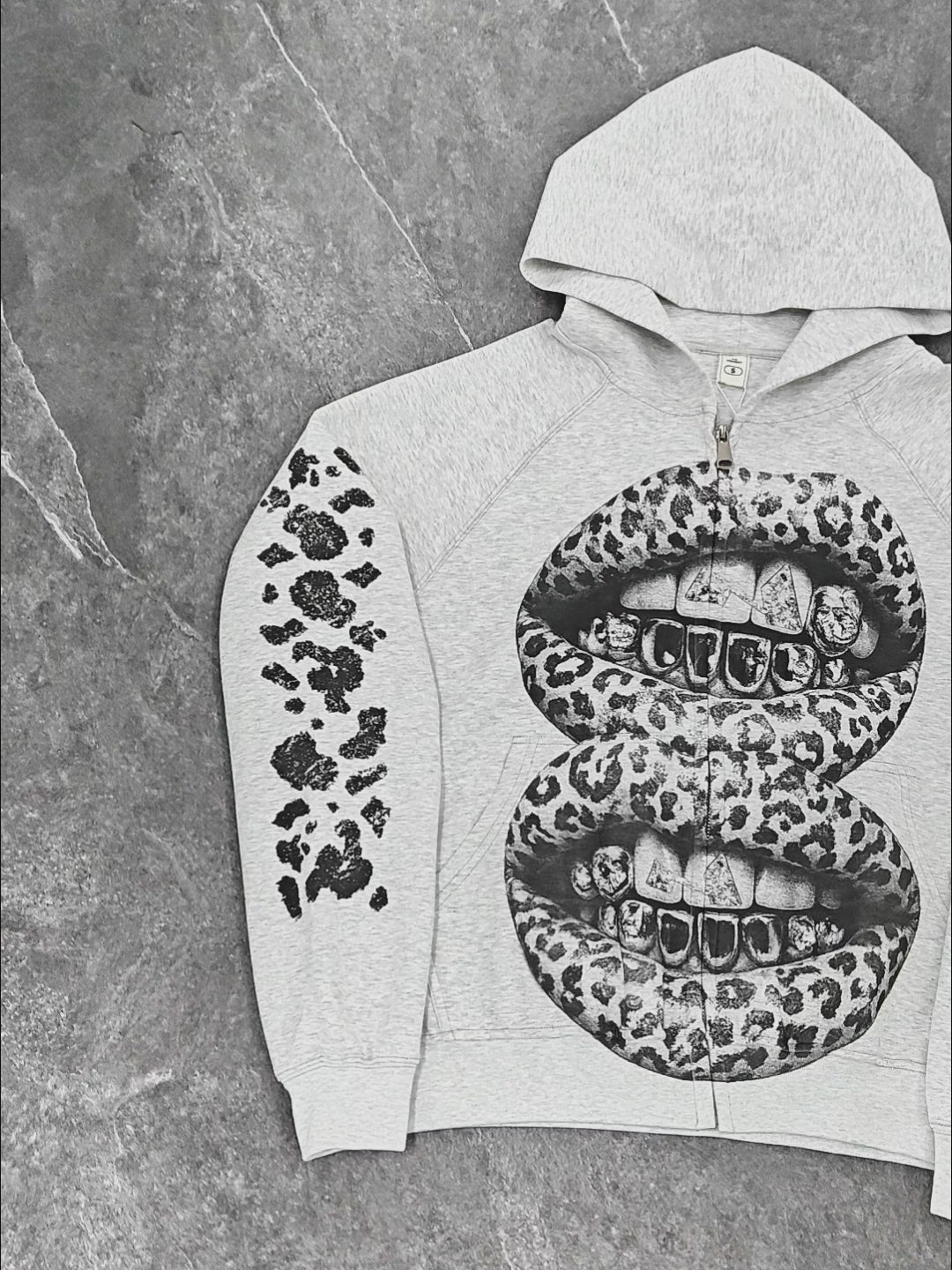 NOISSEY "Double Leopard Lips" Rhinestone Grillz Heather Grey Zip-Up Hoodie